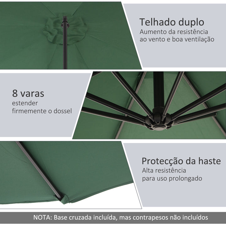 Chapéu de Sol de Jardim Ø295x245cm Chapéu de Sol Excêntrico Inclinável com Manivela Base Cruzada Suporte de Aço e Proteção Solar para Terraço Exterior Verde