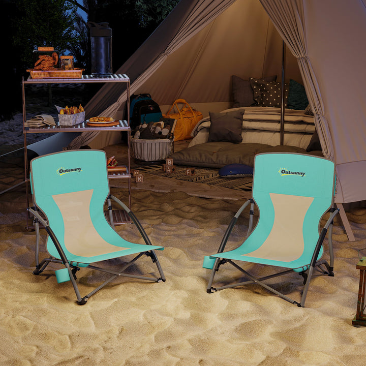 Conjunto de 2 Cadeiras de Praia Dobráveis Cadeiras de Campismo Portáteis Baixas com Encosto em Rede Porta-Copos e Bolsa de Transporte para Acampamento Jardim Pesca Carga 120 kg 58x55x62 cm Azul Claro