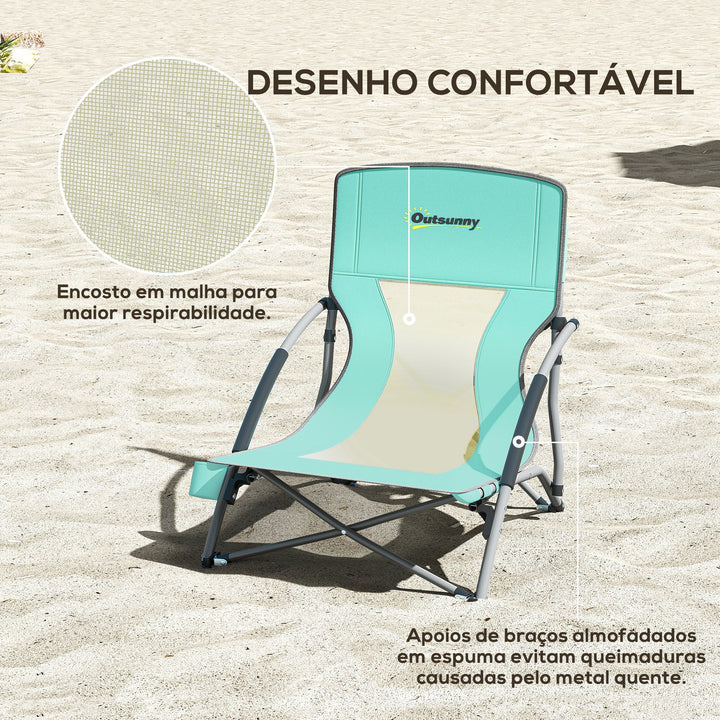 Conjunto de 2 Cadeiras de Praia Dobráveis Cadeiras de Campismo Portáteis Baixas com Encosto em Rede Porta-Copos e Bolsa de Transporte para Acampamento Jardim Pesca Carga 120 kg 58x55x62 cm Azul Claro