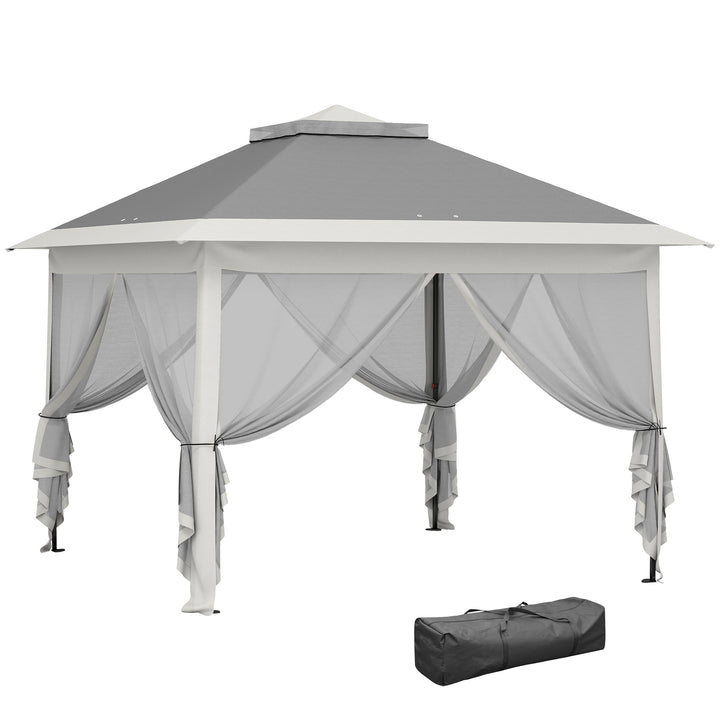 Tenda Dobrável 3,3x3,3 m Pop-Up, Pérgola de Jardim com Altura Ajustável (3 Níveis), Teto Duplo, 4 Mosquiteiros Removíveis e Bolsa de Transporte, Impermeável, Anti-UV para Exterior, Cinzento Escuro