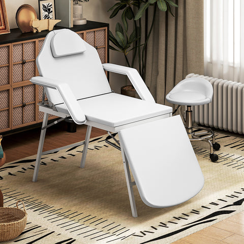Marquesa de Massagem Dobrável Portátil de 3 Secções com Encosto e Suporte para Pernas Ajustáveis Apoio de Cabeça Removível Apoios de Braços Acolchoados para Spa 182x82 cm Branco
