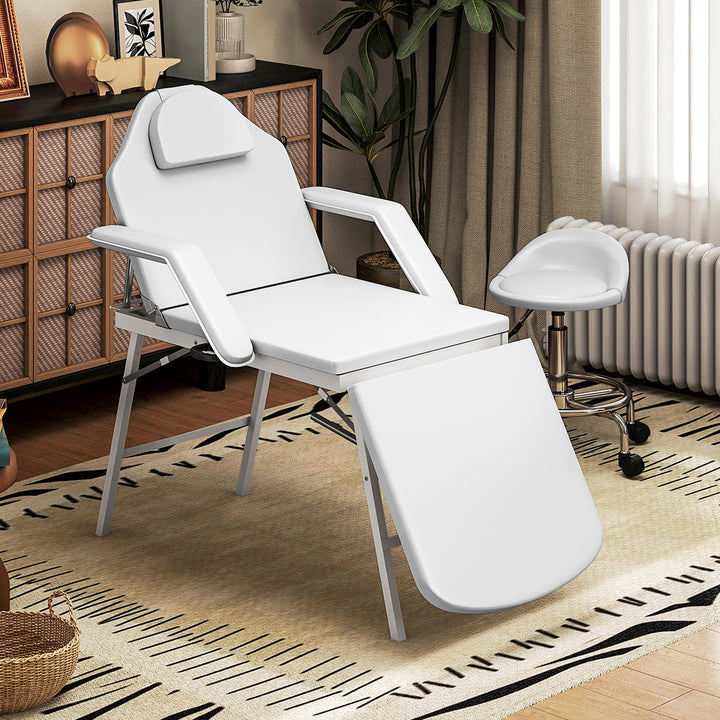 Marquesa de Massagem Dobrável Portátil de 3 Secções com Encosto e Suporte para Pernas Ajustáveis Apoio de Cabeça Removível Apoios de Braços Acolchoados para Spa 182x82 cm Branco