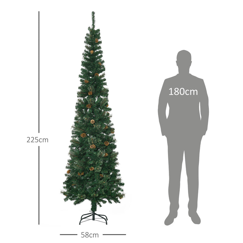 Árvore de Natal Artificial 225 cm Árvore de Natal com 706 Ramos Árvore de Natal Estreita Slim com 56 Pinhas Base Dobrável Ø58x225 cm Verde