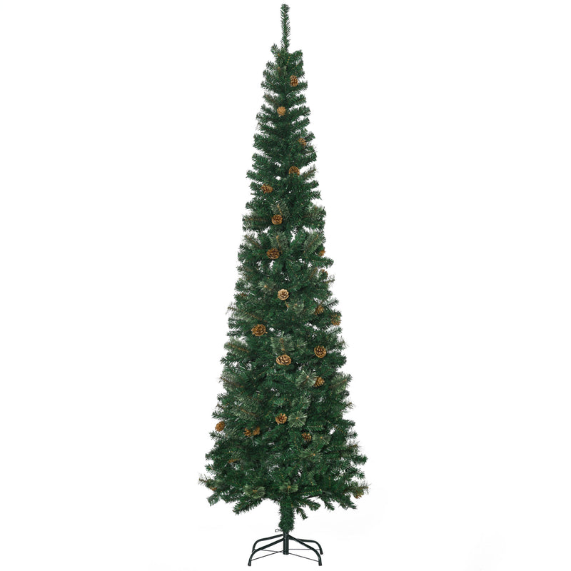 Árvore de Natal Artificial 225 cm Árvore de Natal com 706 Ramos Árvore de Natal Estreita Slim com 56 Pinhas Base Dobrável Ø58x225 cm Verde