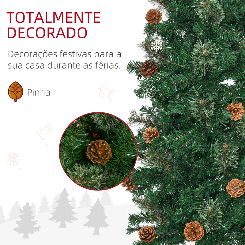 Árvore de Natal Artificial 225 cm Árvore de Natal com 706 Ramos Árvore de Natal Estreita Slim com 56 Pinhas Base Dobrável Ø58x225 cm Verde