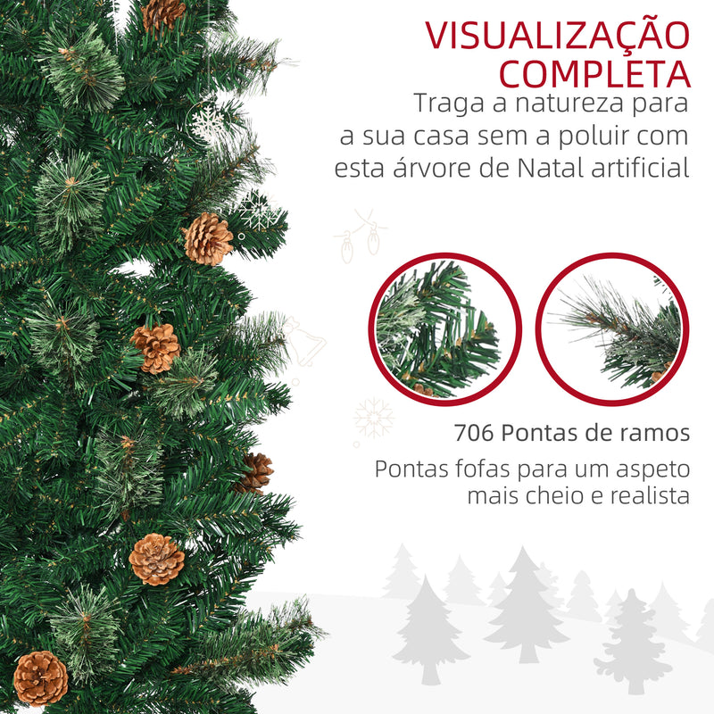 Árvore de Natal Artificial 225 cm Árvore de Natal com 706 Ramos Árvore de Natal Estreita Slim com 56 Pinhas Base Dobrável Ø58x225 cm Verde