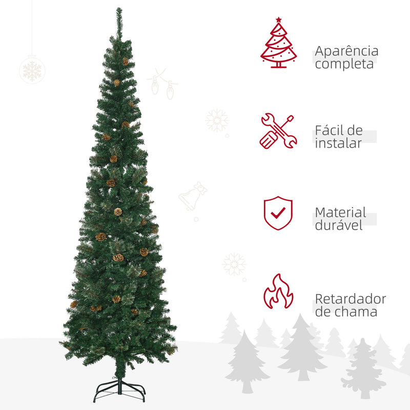 Árvore de Natal Artificial 225 cm Árvore de Natal com 706 Ramos Árvore de Natal Estreita Slim com 56 Pinhas Base Dobrável Ø58x225 cm Verde