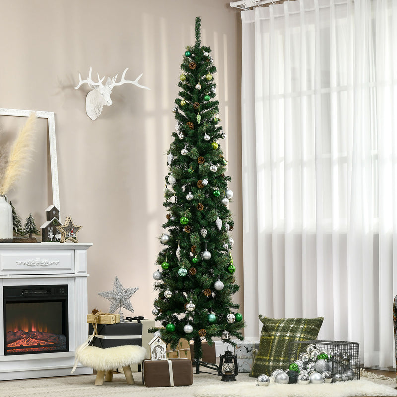 Árvore de Natal Artificial 225 cm Árvore de Natal com 706 Ramos Árvore de Natal Estreita Slim com 56 Pinhas Base Dobrável Ø58x225 cm Verde