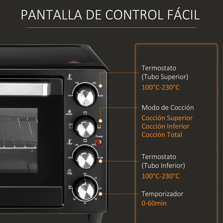 Mini Forno de Convecção 32L 16000 com 3 Modos de Aquecimento Temperatura até 230 °C Temporizador Bandeja de Assar Ajustável em 3 Níveis 52,2x38,1x33,5cm Preto