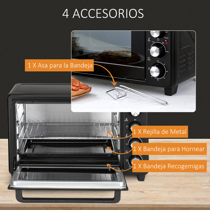 Mini Forno de Convecção 32L 16000 com 3 Modos de Aquecimento Temperatura até 230 °C Temporizador Bandeja de Assar Ajustável em 3 Níveis 52,2x38,1x33,5cm Preto
