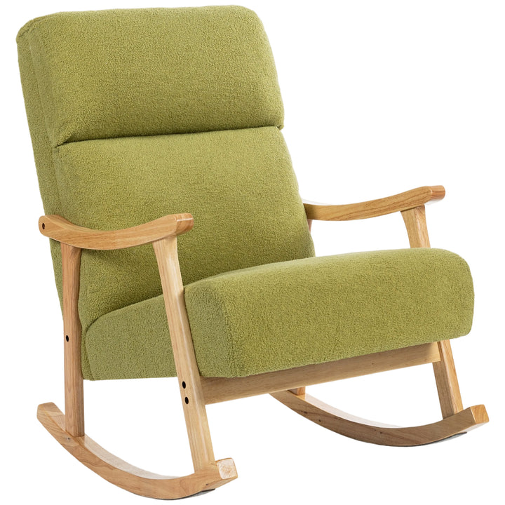 Poltrona Baloiço Moderna Poltrona Baloiço com Pés e Apoio para os Braços de Madeira de Faia Encosto Alto Poltrona de Amamentação Carga 120 kg para Dormitório Sala de Estar 65x90x98 cm Verde claro