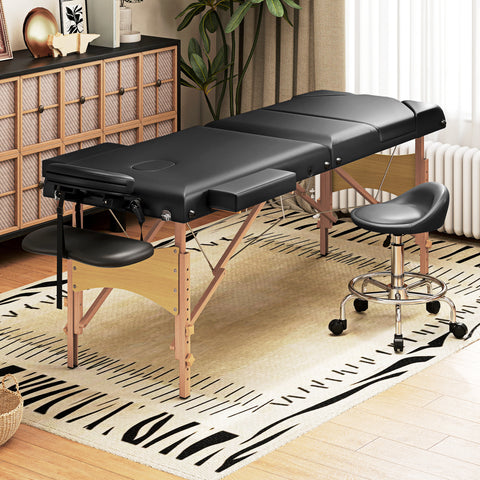 Marquesa de Massagem Dobrável Portátil Marquesa Estética Profissional em Madeira de 3 Zonas com Altura Ajustável Apoio de Cabeça Apoios de Braço Acolchoados 215x60x64-89 cm Preto