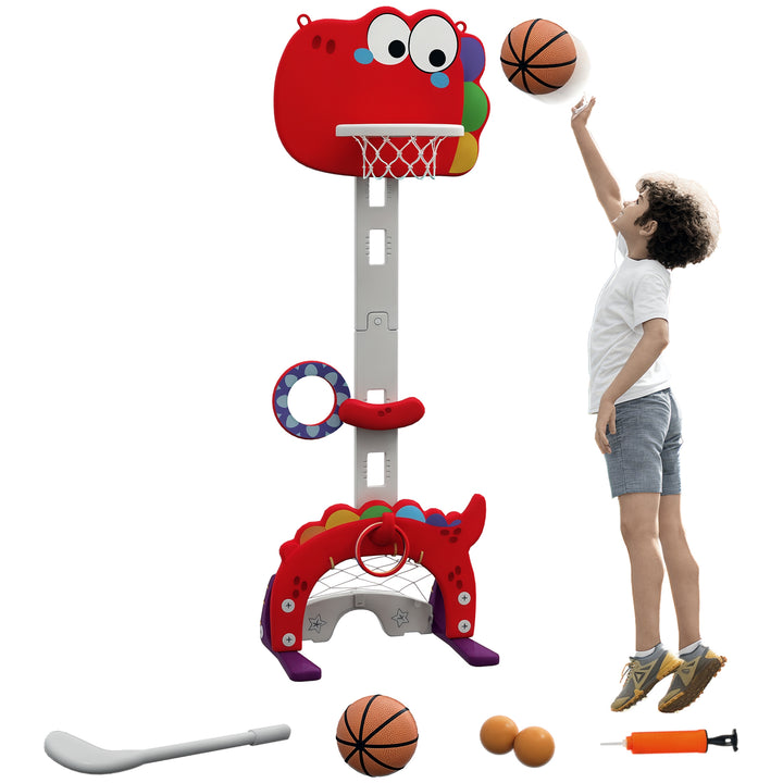 Tabela de Basquetebol Infantil 5 em 1 Tabela de Bssquetebol para Crianças com Altura Ajustável Futebol Golf Aros Jogo de Lançamento de Bola Interior 46x51x134-152 cm Vermelho