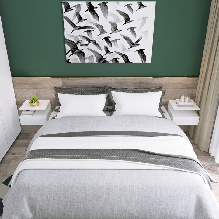 Conjunto de 2 mesas de cabeceira flutuantes com 1 gaveta e prateleira aberta montado na parede de madeira 35x32x22,5 cm Branco