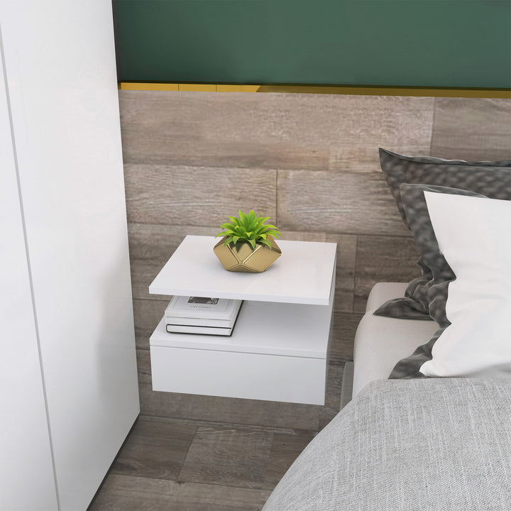 Conjunto de 2 mesas de cabeceira flutuantes com 1 gaveta e prateleira aberta montado na parede de madeira 35x32x22,5 cm Branco