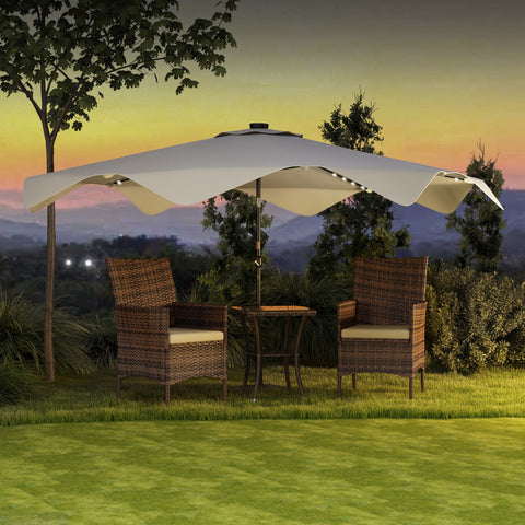 Chapéu de Sol de Jardim Ø292x248 cm Chapéu de Sol com Manivela 32 Luzes LED Solares e 8 Hastes para Pátio Varanda Exterior Creme