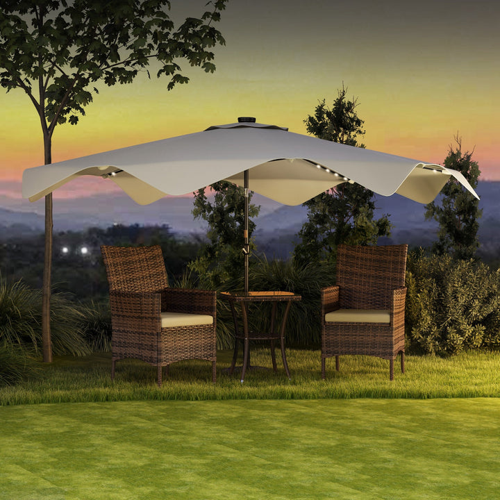 Chapéu de Sol de Jardim Ø292x248 cm Chapéu de Sol com Manivela 32 Luzes LED Solares e 8 Hastes para Pátio Varanda Exterior Creme