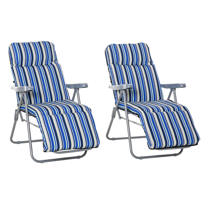 2 Espreguiçadeiras de Jardim Dobráveis Espreguiçadeiras de Aço com Almofada Acolchoada Encosto Ajustável em 5 Posições e Apoio para os Pés 60x75x65-102 cm Listras Azul
