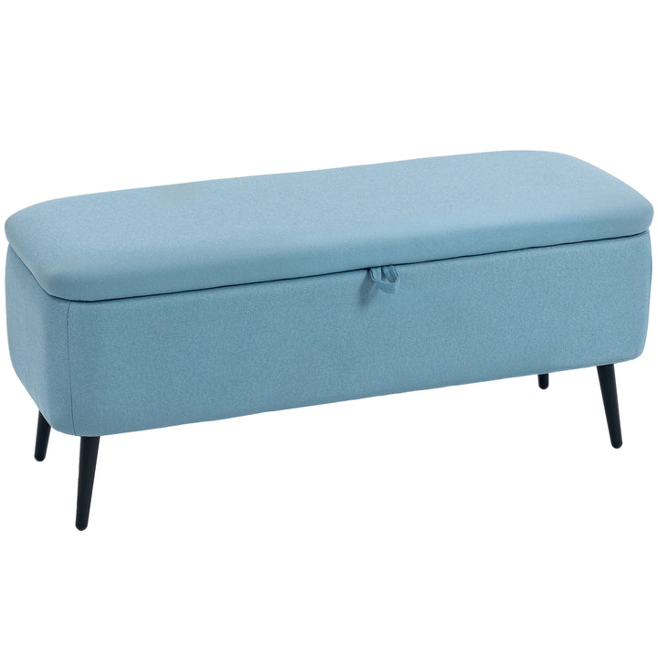 Banco de Armazenamento Estofado em Linho com Tampa Abatível e Pés de Aço para Dormitório Sala de Estar Entrada Carga Máxima 150kg 101x38,5x44,5 cm Azul Claro