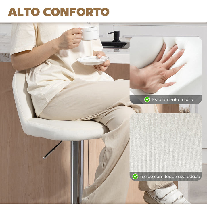 Conjunto de 2 Bancos de Bar Estofados em Pelúcia Bancos Altos de Sala de Jantar com Altura Ajustável Assento Giratório e Apoio para os Pés Carga Máxima 120kg 43x45x81-101cm Creme