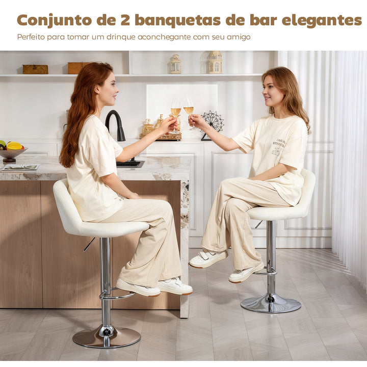 Conjunto de 2 Bancos de Bar Estofados em Pelúcia Bancos Altos de Sala de Jantar com Altura Ajustável Assento Giratório e Apoio para os Pés Carga Máxima 120kg 43x45x81-101cm Creme