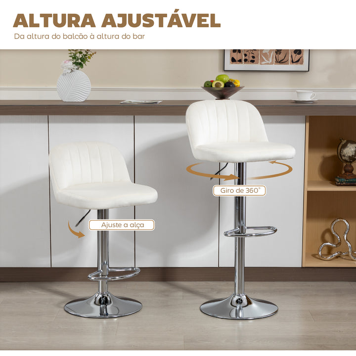 Conjunto de 2 Bancos de Bar Estofados em Pelúcia Bancos Altos de Sala de Jantar com Altura Ajustável Assento Giratório e Apoio para os Pés Carga Máxima 120kg 43x45x81-101cm Creme