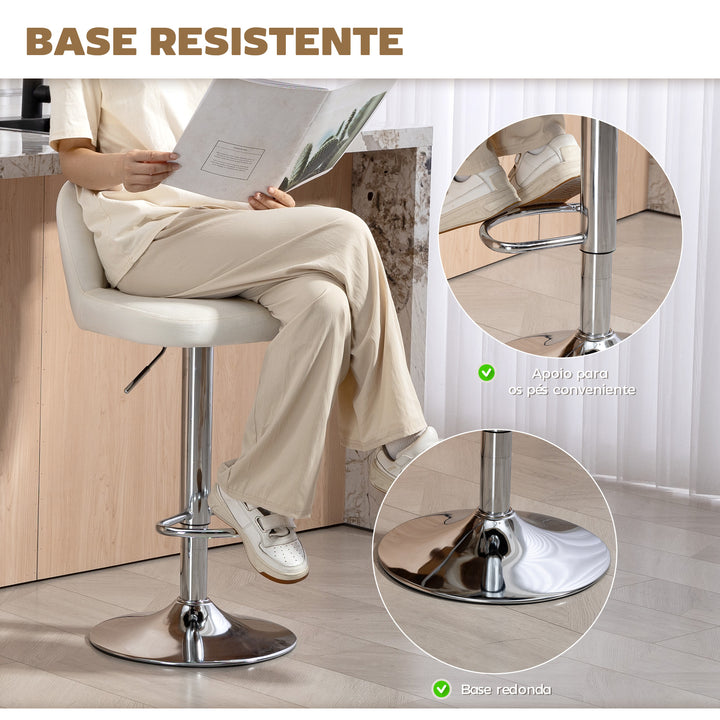 Conjunto de 2 Bancos de Bar Estofados em Pelúcia Bancos Altos de Sala de Jantar com Altura Ajustável Assento Giratório e Apoio para os Pés Carga Máxima 120kg 43x45x81-101cm Creme