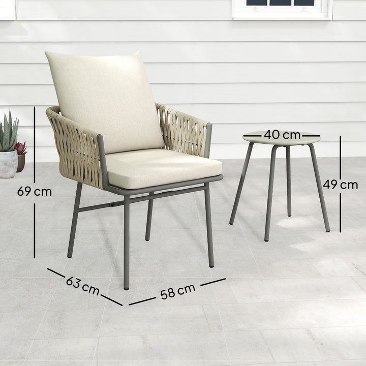 Conjunto de Jardim de 3 Peças Móveis de Jardim com 2 Cadeiras com Almofadas Removíveis e Laváveis e Mesa com Bancada de Metal Impermeável e Anti-UV para Varanda e Pátio Cinza e Creme