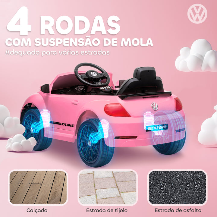 Carro Elétrico para Crianças acima de 3 Anos Carro Elétrico Infantil Volkswagen Beetle com Bateria 12V Controlo Remoto Faróis Buzina e Música 97x56,5x46 cm Rosa