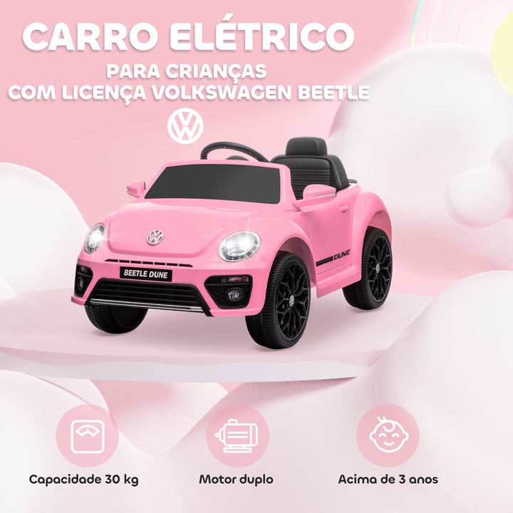 Carro Elétrico para Crianças acima de 3 Anos Carro Elétrico Infantil Volkswagen Beetle com Bateria 12V Controlo Remoto Faróis Buzina e Música 97x56,5x46 cm Rosa