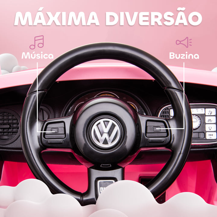 Carro Elétrico para Crianças acima de 3 Anos Carro Elétrico Infantil Volkswagen Beetle com Bateria 12V Controlo Remoto Faróis Buzina e Música 97x56,5x46 cm Rosa