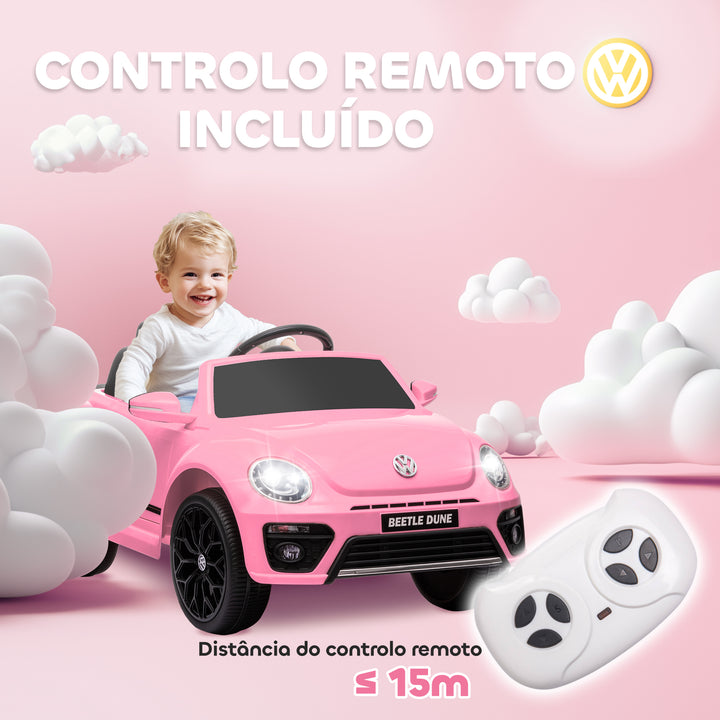 Carro Elétrico para Crianças acima de 3 Anos Carro Elétrico Infantil Volkswagen Beetle com Bateria 12V Controlo Remoto Faróis Buzina e Música 97x56,5x46 cm Rosa