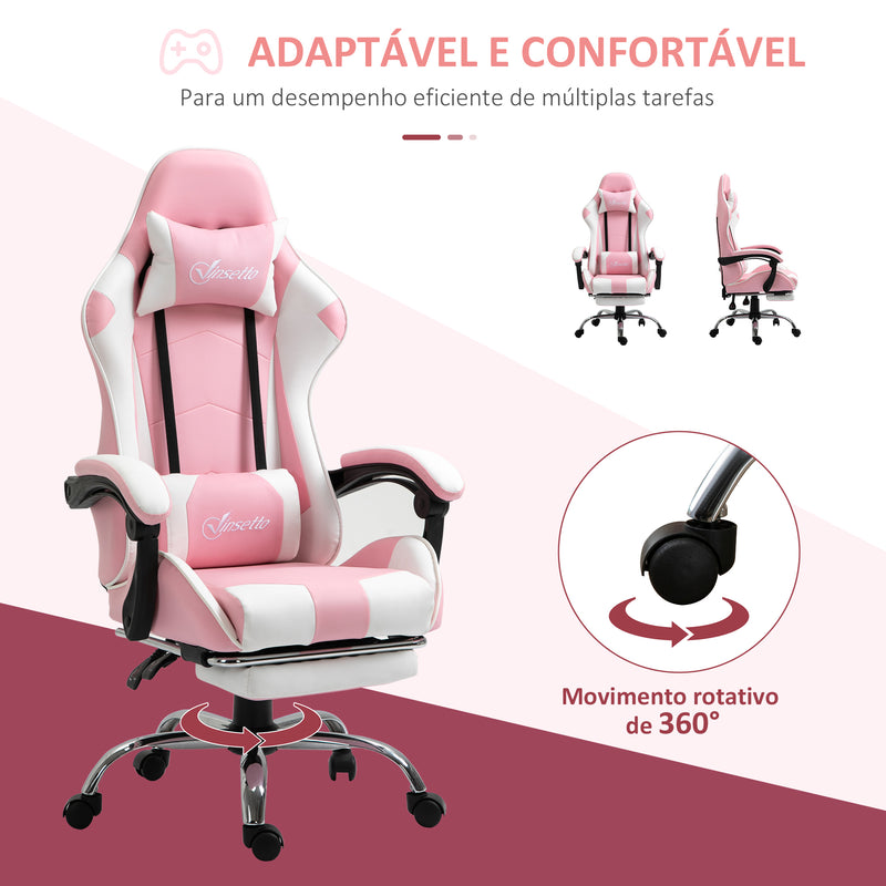 Cadeira de Gaming Reclinável Cadeira Gaming Giratória com Apoio para a Cabeça Apoio para os Pés Almofada Lombar Altura Ajustável para Escritório Estúdio 64x67x119-127 cm Rosa