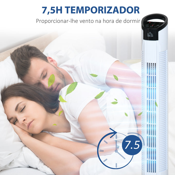 Ventoinha de Coluna 50W com Controlo Remoto 3 Velocidades Ecrã LCD Temporizador 7,5h e Oscilante 70° Ø20x78,5 cm Branco