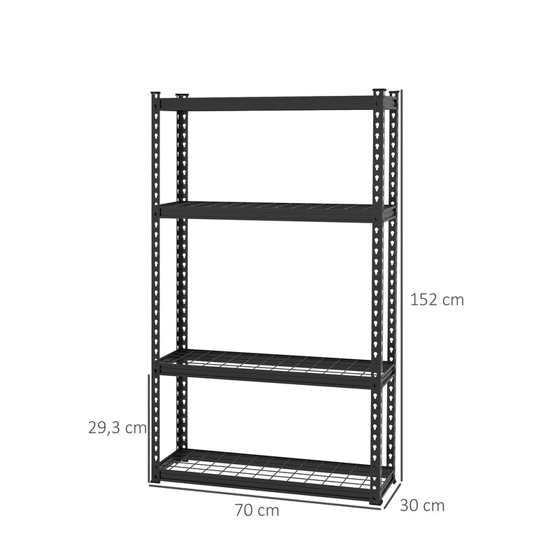 Estante de Metal com 4 Níveis Estante de Armazenamento Estante de Garagem de Aço Carga 600 kg com Prateleiras Ajustáveis 70x30x152 cm Preto