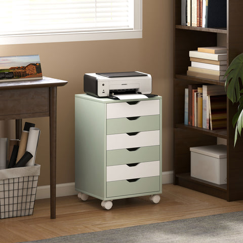 Bloco de Gavetas Móvel Arquivador com 6 Gavetas Suporte para Impressora com Rodas Guias Deslizantes Silenciosas para Escritório Casa 40x35x63 cm Verde e Branco