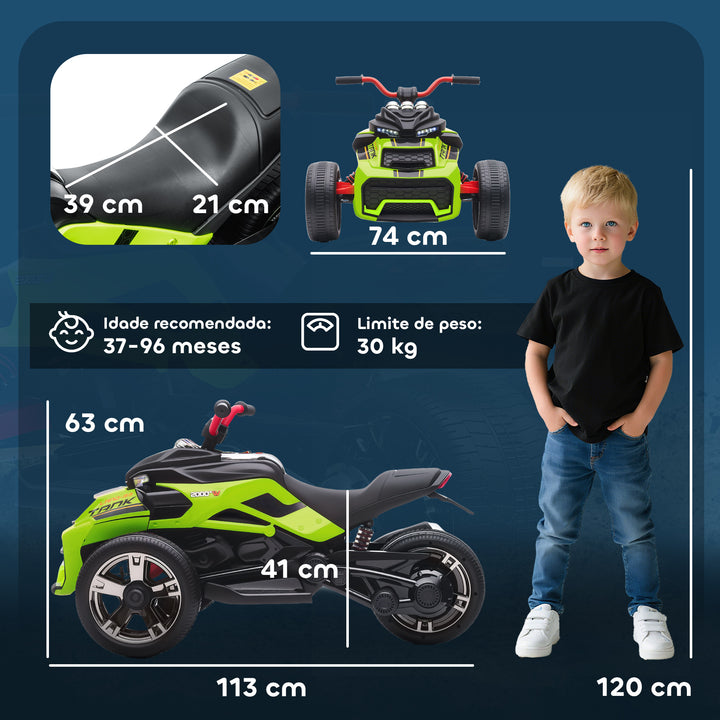 Quadricilo Elétrico para Crianças 12V 3-8 Anos com 2 Motores Velocidade até 5 km/h 3 Rodas Suspensão Faróis Buzina Música USB 113x74x63 cm Verde
