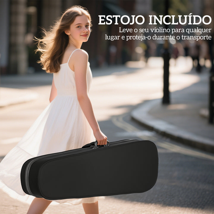 Violino 4/4 de Tamanho Completo em Madeira Conjunto para Iniciantes Adultos e Crianças com Estojo Arco Breu Afinadores Cordas e Suporte para Ombro 60x21x7 cm Preto