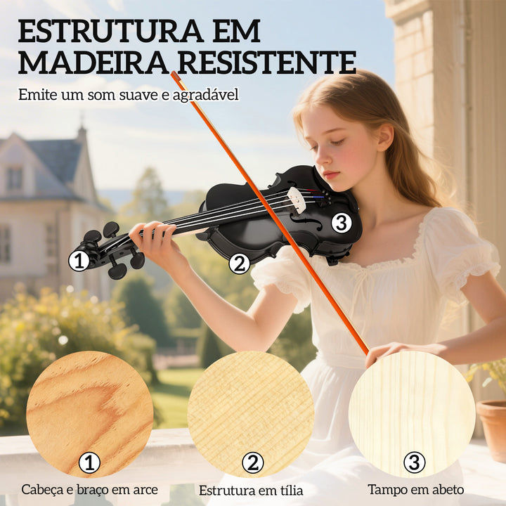 Violino 4/4 de Tamanho Completo em Madeira Conjunto para Iniciantes Adultos e Crianças com Estojo Arco Breu Afinadores Cordas e Suporte para Ombro 60x21x7 cm Preto