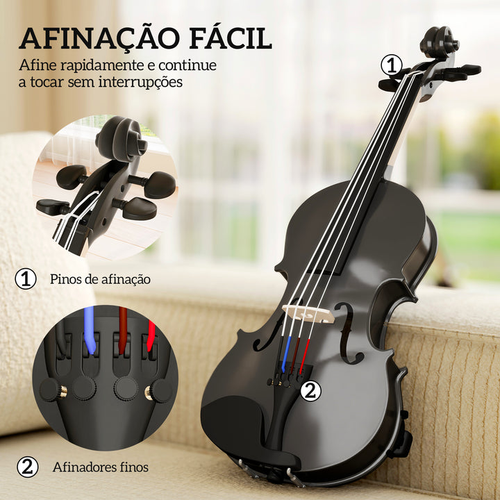 Violino 4/4 de Tamanho Completo em Madeira Conjunto para Iniciantes Adultos e Crianças com Estojo Arco Breu Afinadores Cordas e Suporte para Ombro 60x21x7 cm Preto