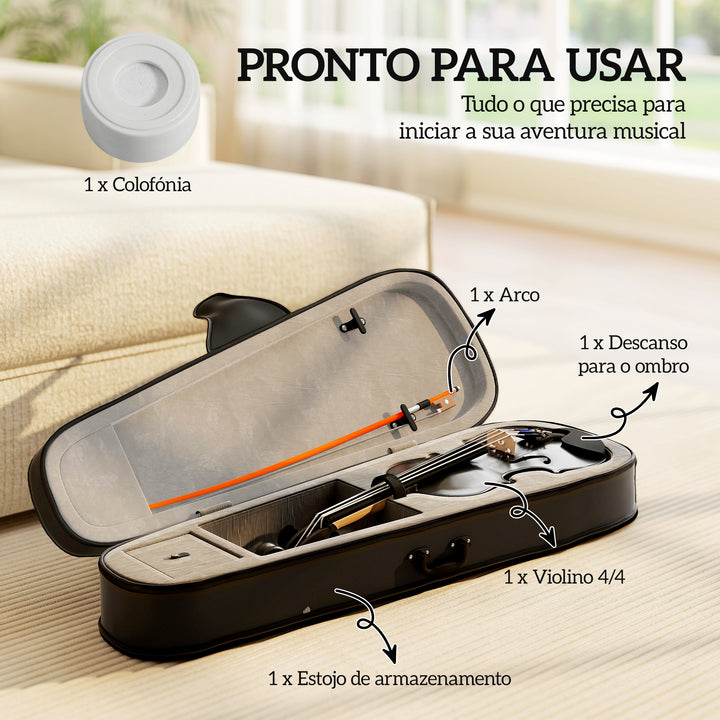 Violino 4/4 de Tamanho Completo em Madeira Conjunto para Iniciantes Adultos e Crianças com Estojo Arco Breu Afinadores Cordas e Suporte para Ombro 60x21x7 cm Preto