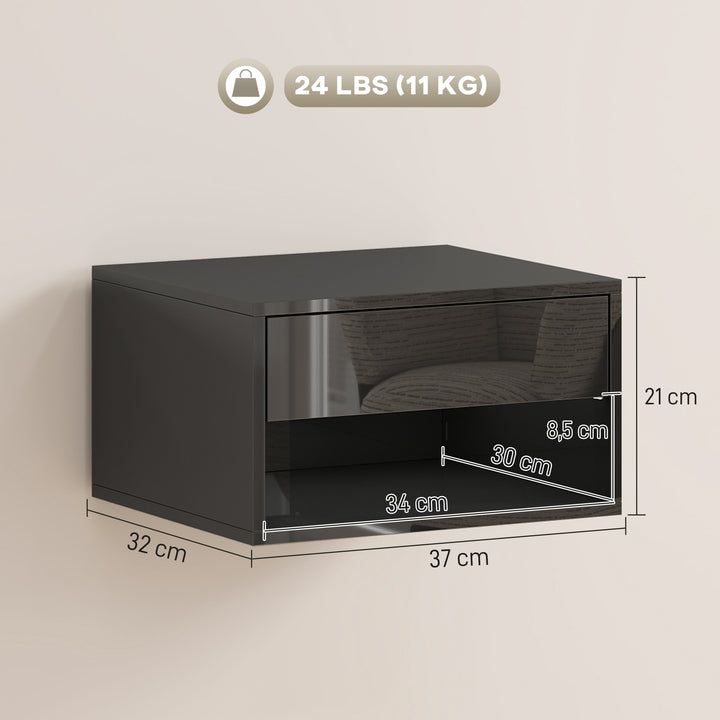 Conjunto de 2 Mesas de Cabeceira Suspensas Mesas de Cabeceira com Gaveta Prateleira Aberta para Quarto Sala 37x32x21 cm Preto Brilhante