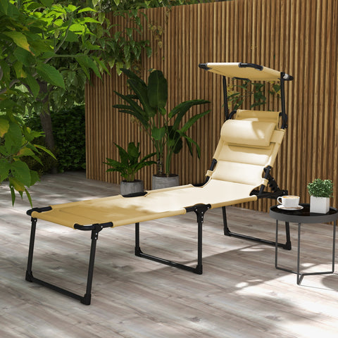 Espreguiçadeira Dobrável Espreguiçadeira de Jardim com Toldo Ajustável Encosto Regulável em 4 Níveis e Apoio de Cabeça para Jardim Terraço Piscina 70x200x45 cm Creme