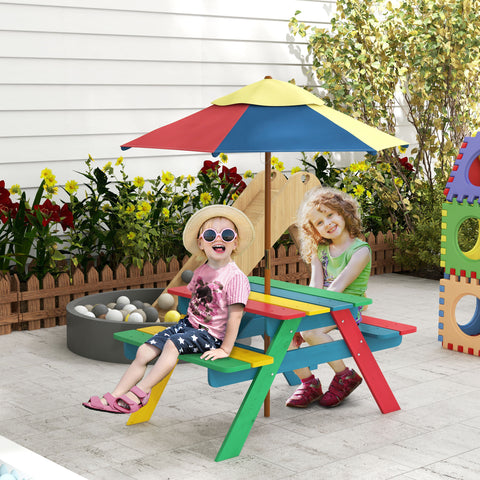 Mesa de Piquenique para Crianças em Madeira com 2 Bancos e Chapéu de Sol Removível para Jardim Pátio 85,5x75x142,5 cm Multicolor