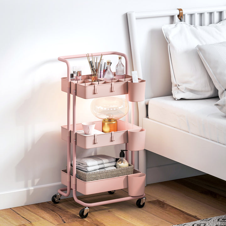 Carrinho de Cozinha de Aço Carrinho de Armazenamento com 4 Ganchos 3 Cestas Removíveis 3 Caixas Suspensas e Travões para Casa de Banho Sala de Estar Dormitório 42x38x86,5 cm Rosa