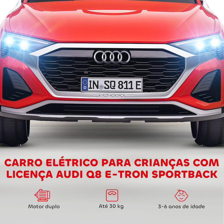 Carro Elétrico para Crianças acima de 3 Anos Carro Audi Q8 Etron Sportback Infantil com Bateria 12V Controlo Remoto Faróis Buzina e Música 98x49,5x43 cm Vermelho