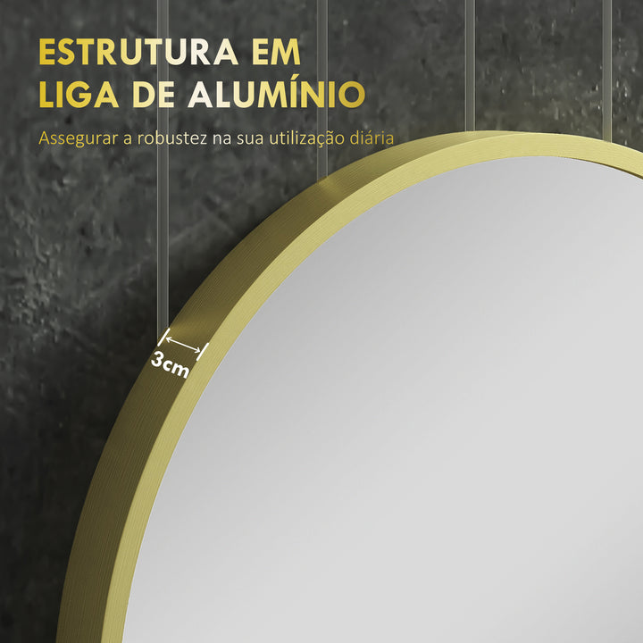 Espelho Casa de Banho Redondo Ø60 cm Espelho de Parede com Estrutura de Alumínio e Gancho de Instalação Fácil para Sala de Estar Entrada Corredor Dourado