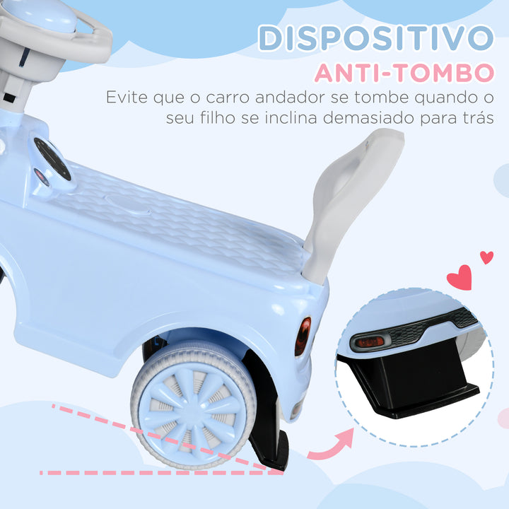 Carro Andador para Bebés de 18-36 Meses Carro Andador com Volante Buzina e Sistema Anti-Tombo Carga 25 kg 53x25x35 cm Azul Claro