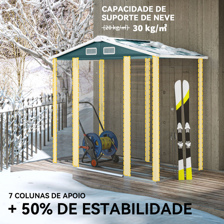 Abrigo de Jardim Exterior 2,36m² 213x120x194 cm Abrigo de Exterior com Base Reforçada (Piso NÃO Incluído) Portas de Correr Duplas Fechadura Janelas Verde