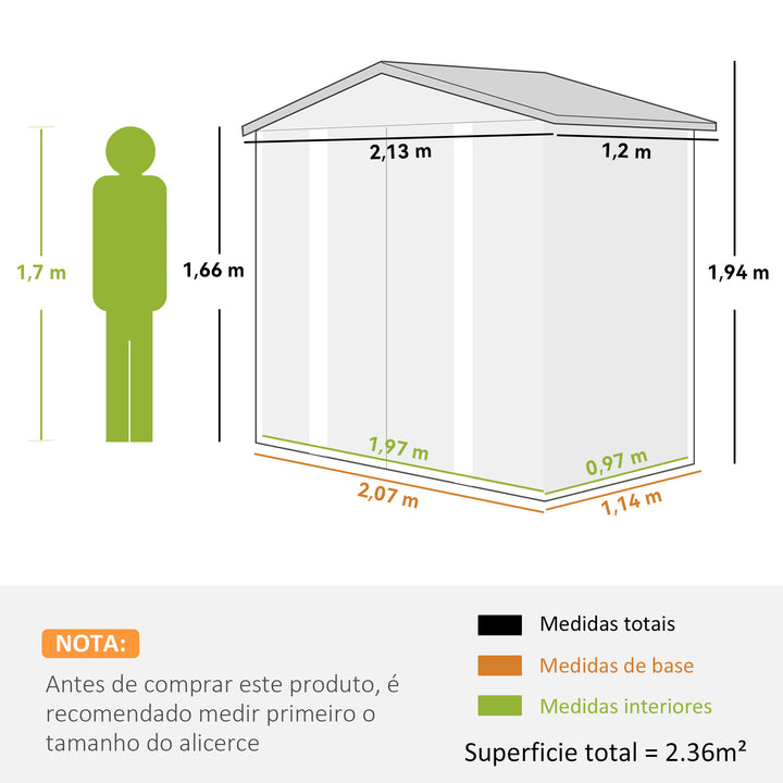 Abrigo de Jardim Exterior 2,36m² 213x120x194 cm Abrigo de Exterior com Base Reforçada (Piso NÃO Incluído) Portas de Correr Duplas Fechadura Janelas Verde